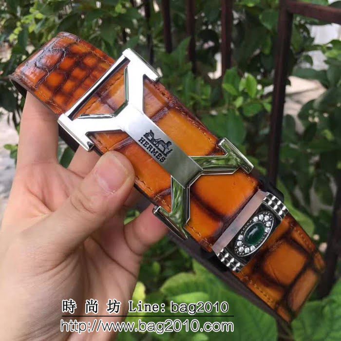 愛馬仕HERMES Hermes 純手工美洲鱷魚無拼接肚皮 海外專櫃高端男士皮帶 HHG1343